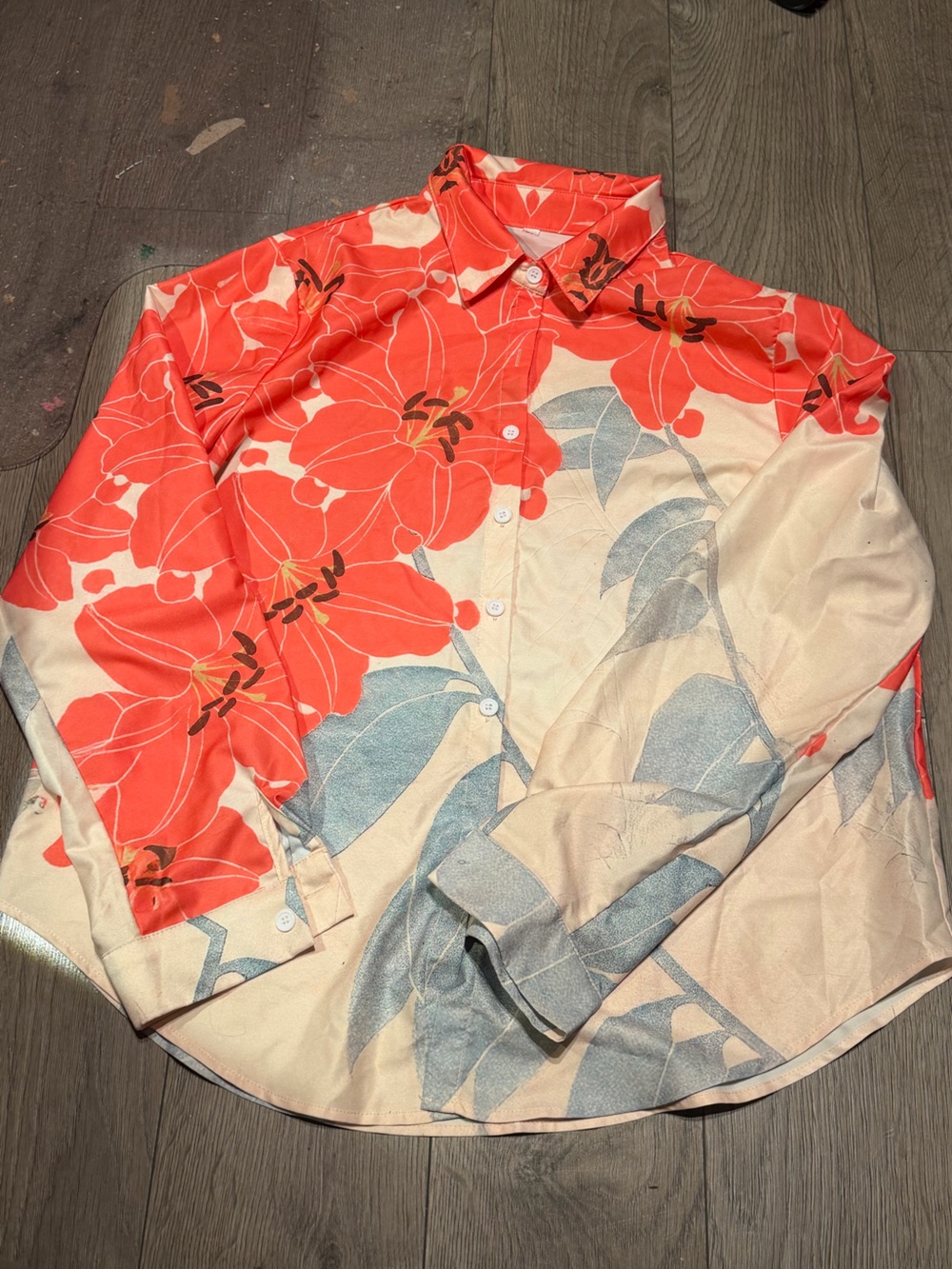 Floral Button-Up Blouse in Red and Cream